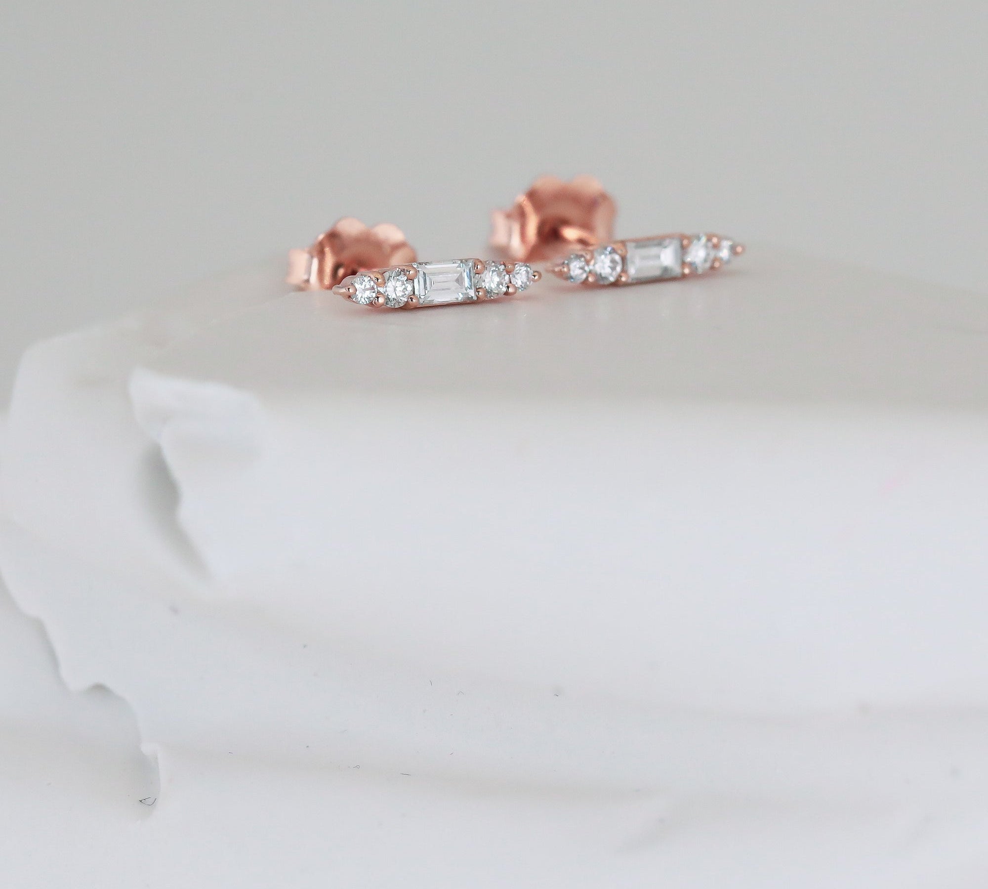 0.15 TCW Baguette & Round Cut Moissanite Stud Earrings