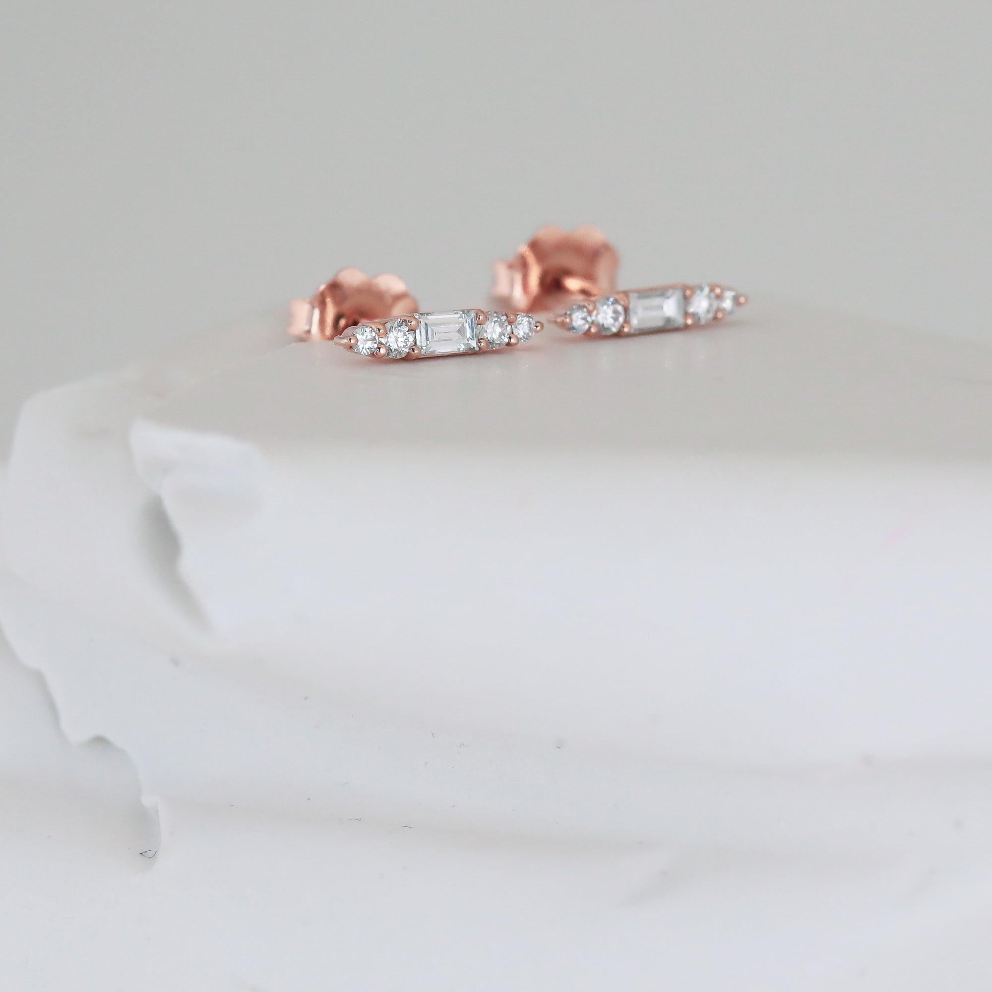 0.15 TCW Baguette & Round Cut Moissanite Stud Earrings