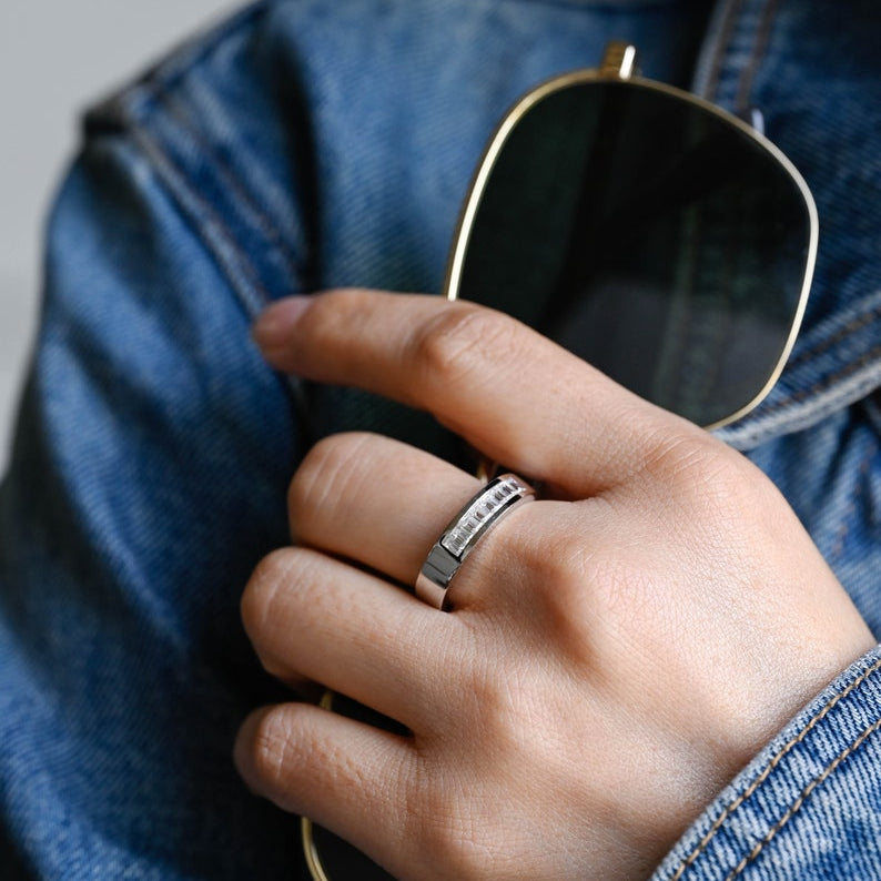 Delicate Moissanite Band with 0.20 TCW Emerald Cut Stones in Solid Gold 2