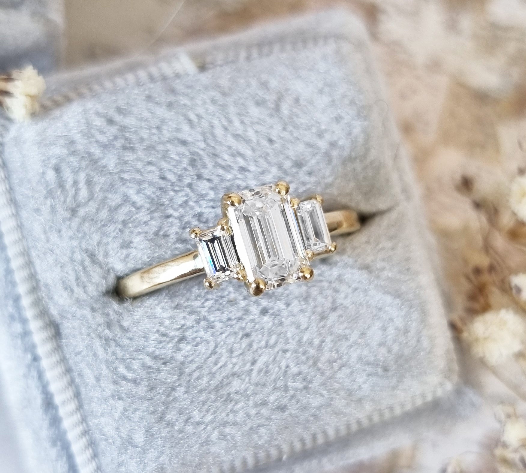 1.10 CT Emerald Three Stones Lab Grown Diamond Engagement Ring