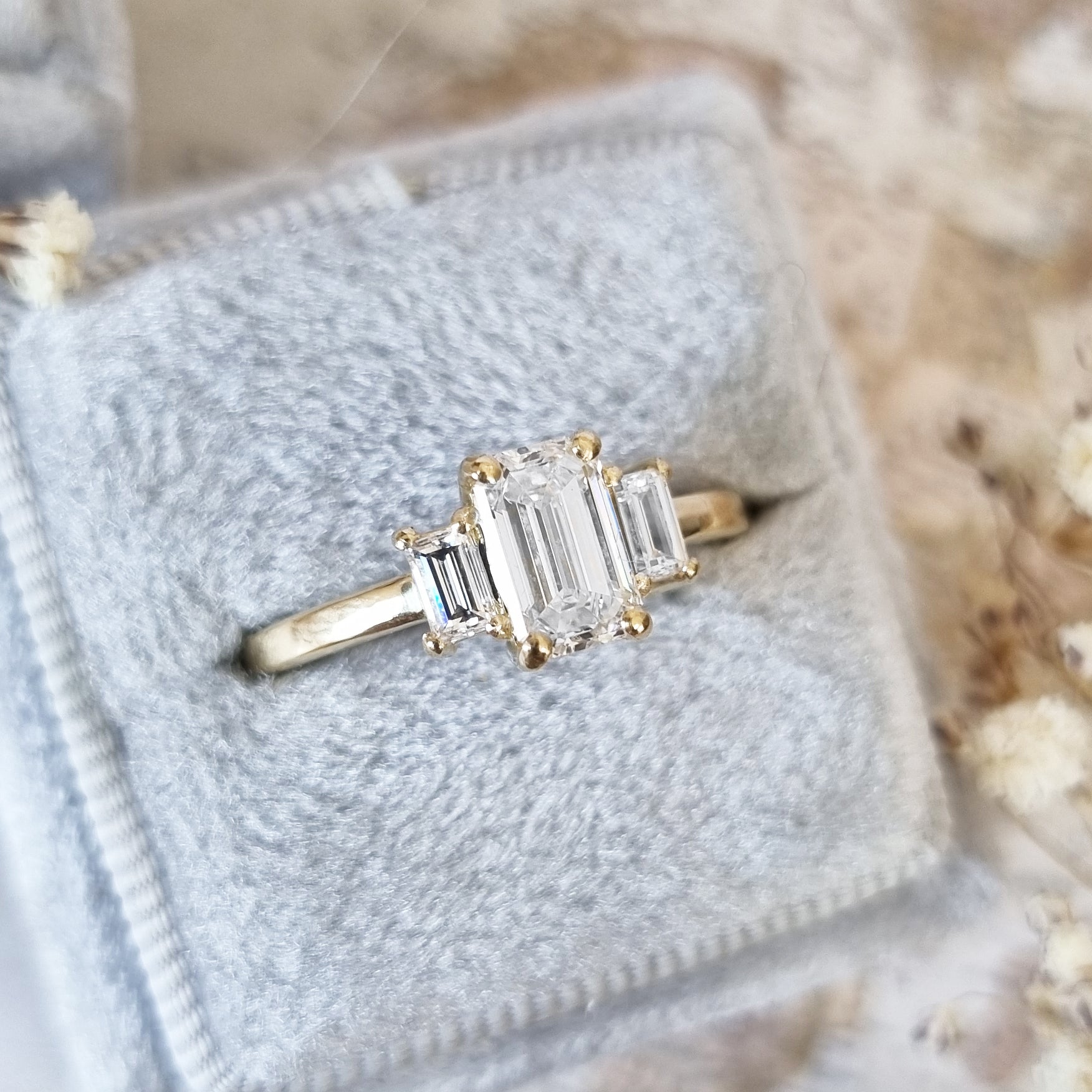 1.10 CT Emerald Three Stones Lab Grown Diamond Engagement Ring