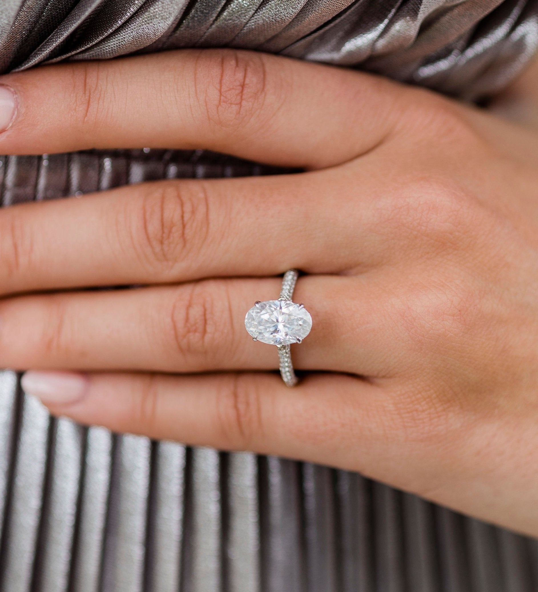 3.40 CT Oval Solitaire Hidden Halo & Pave Moissanite Engagement Ring 2