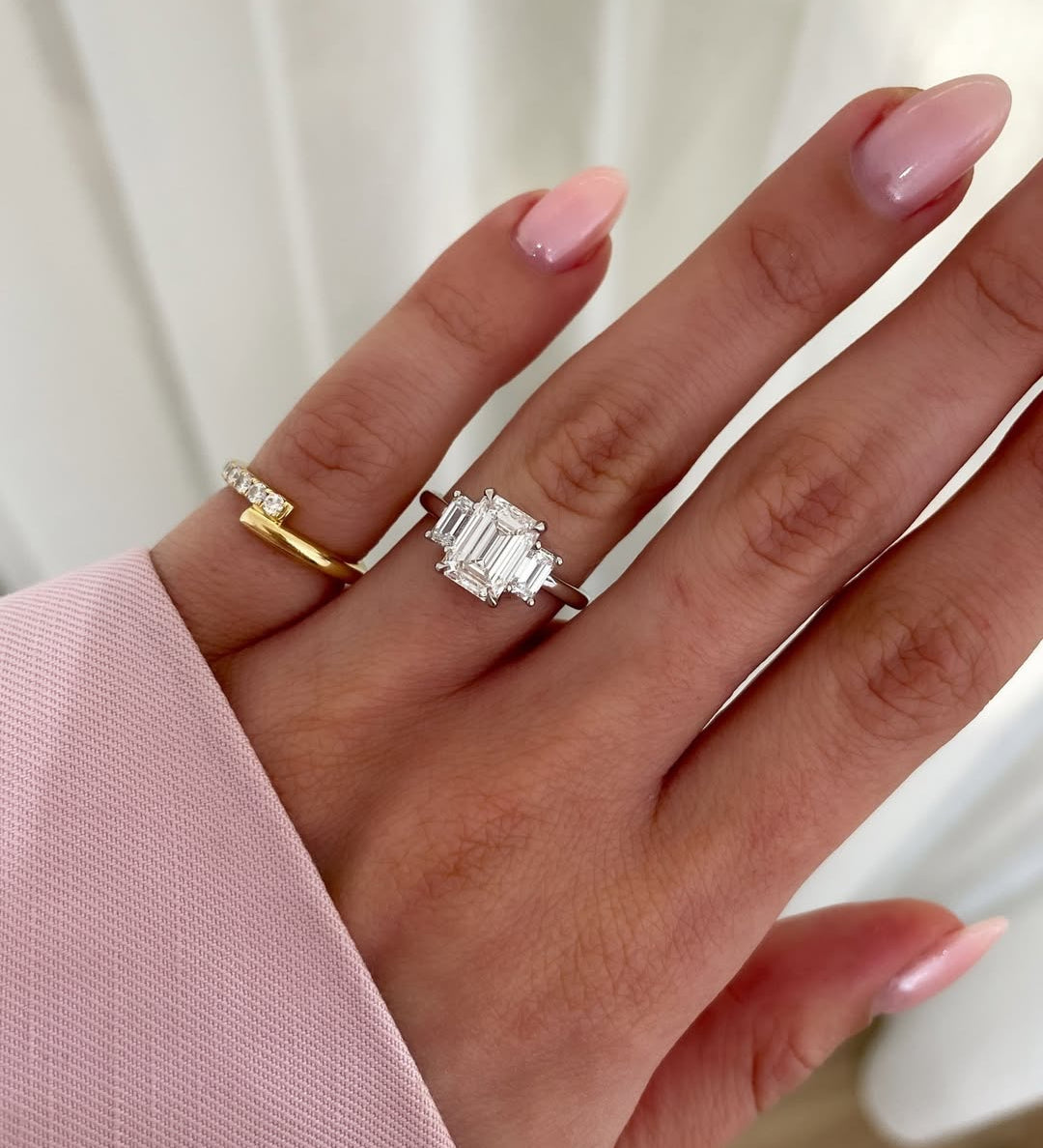 2.3 CT Emerald Lab Grown Diamond Three stone Style Engagement Ring