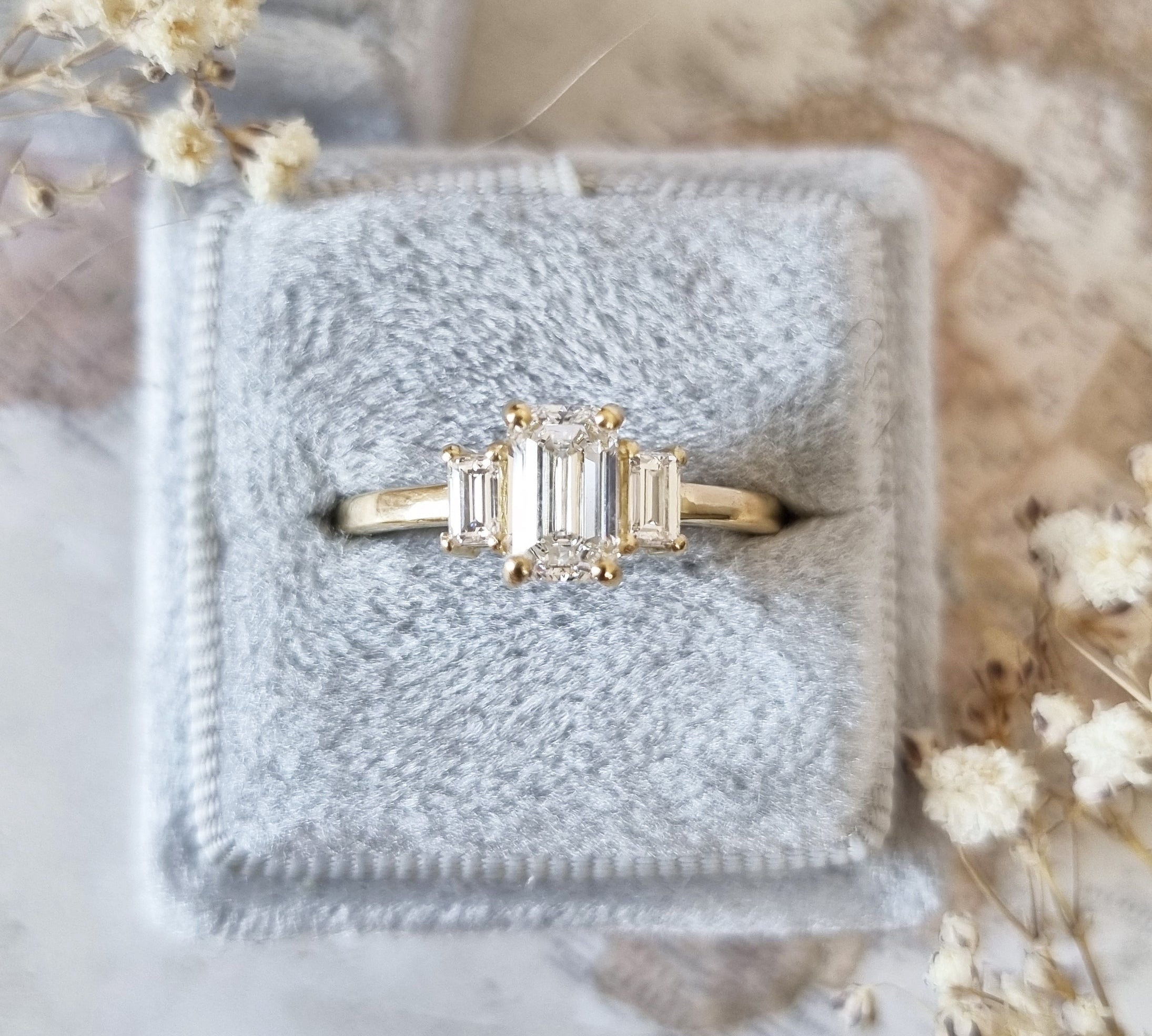 1.10 CT Emerald Three Stones Lab Grown Diamond Engagement Ring