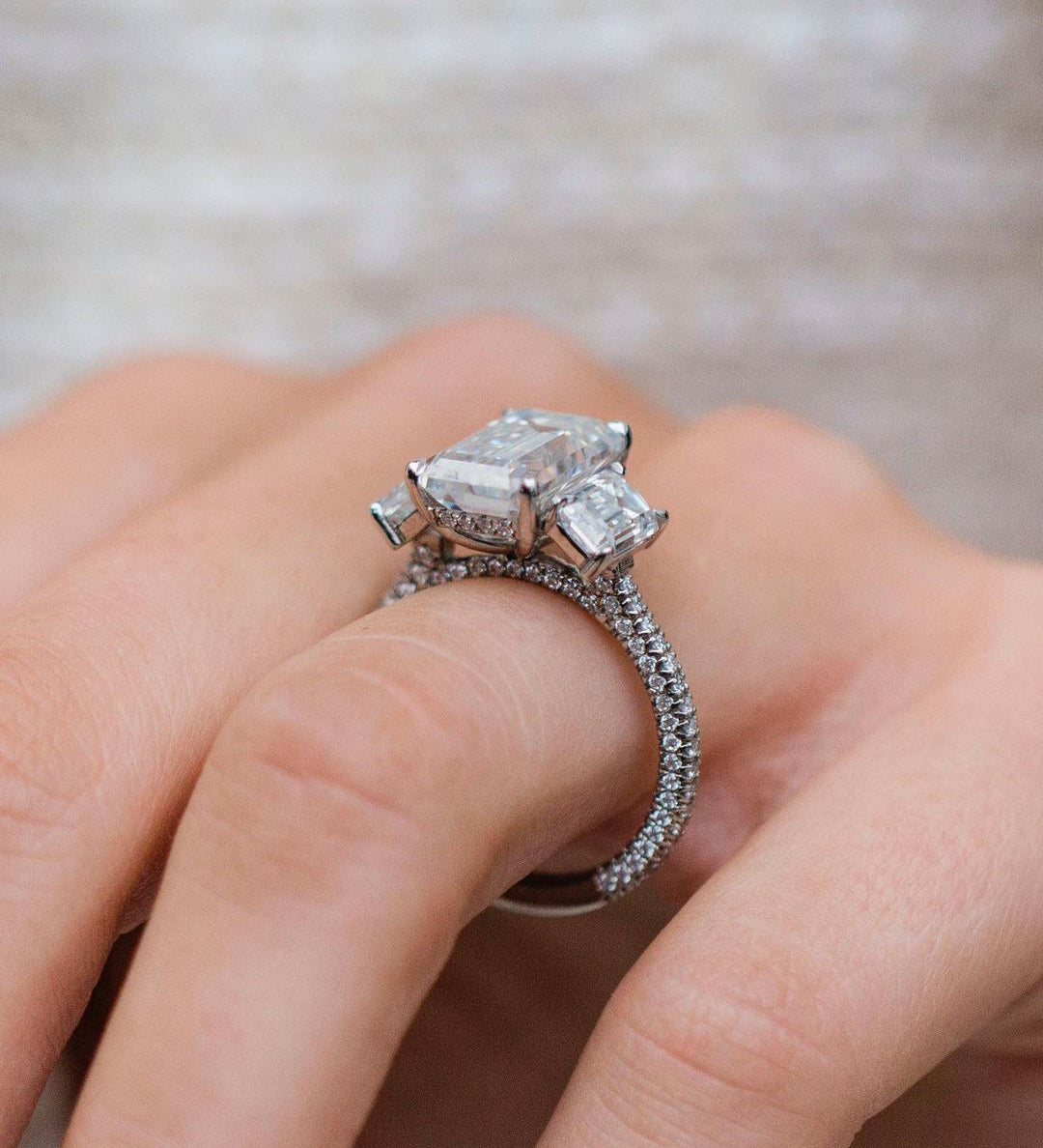 3.80 CT Emerald Three Stone Moissanite Engagement Ring 2