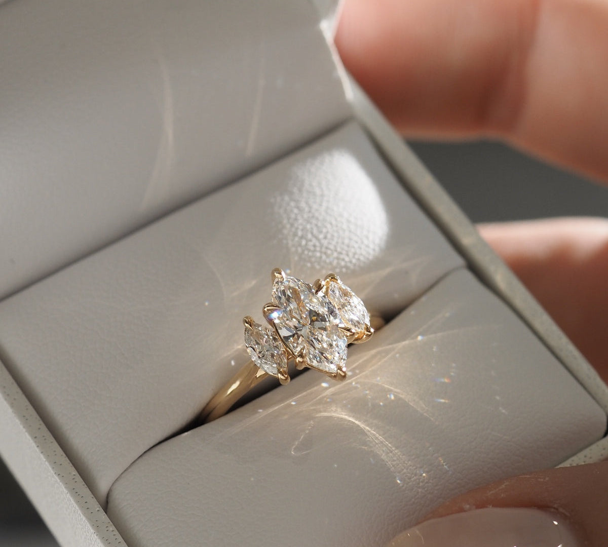 Stunning 1.3 CT Marquise Moissanite Engagement Ring with Three Stone Design