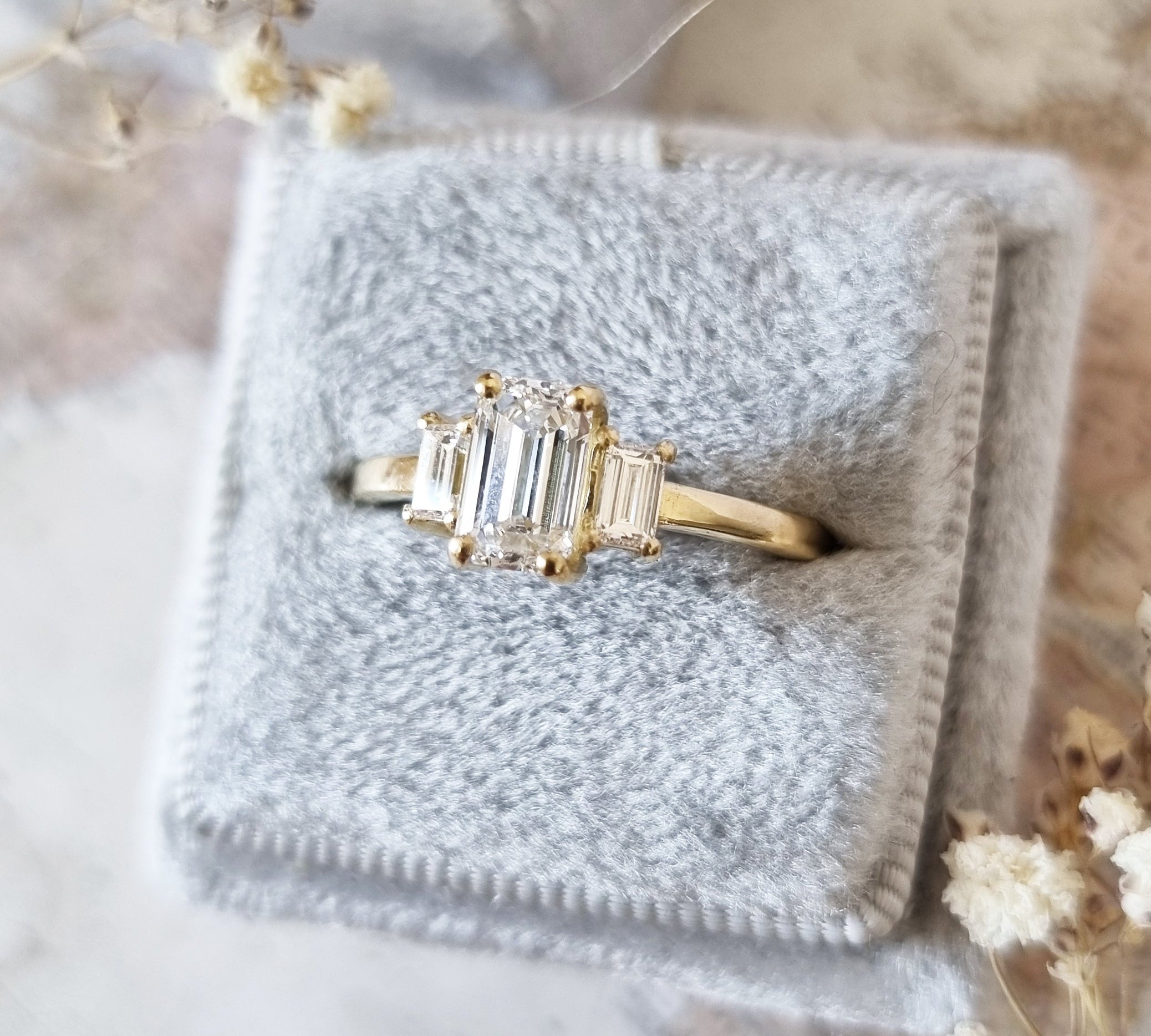 1.10 CT Emerald Three Stones Lab Grown Diamond Engagement Ring