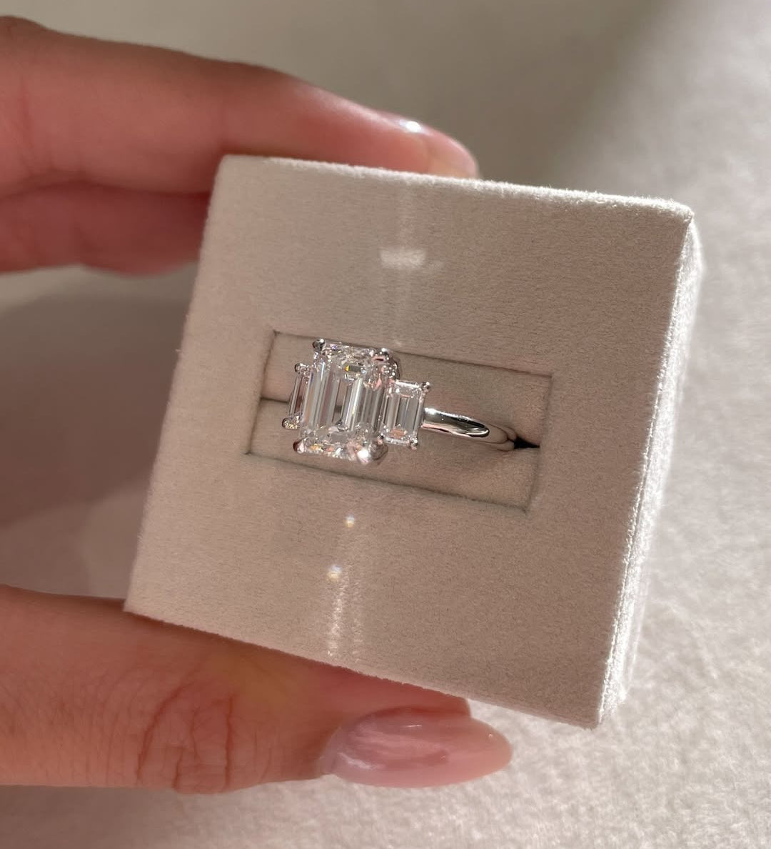 2.3 CT Emerald Lab Grown Diamond Three stone Style Engagement Ring