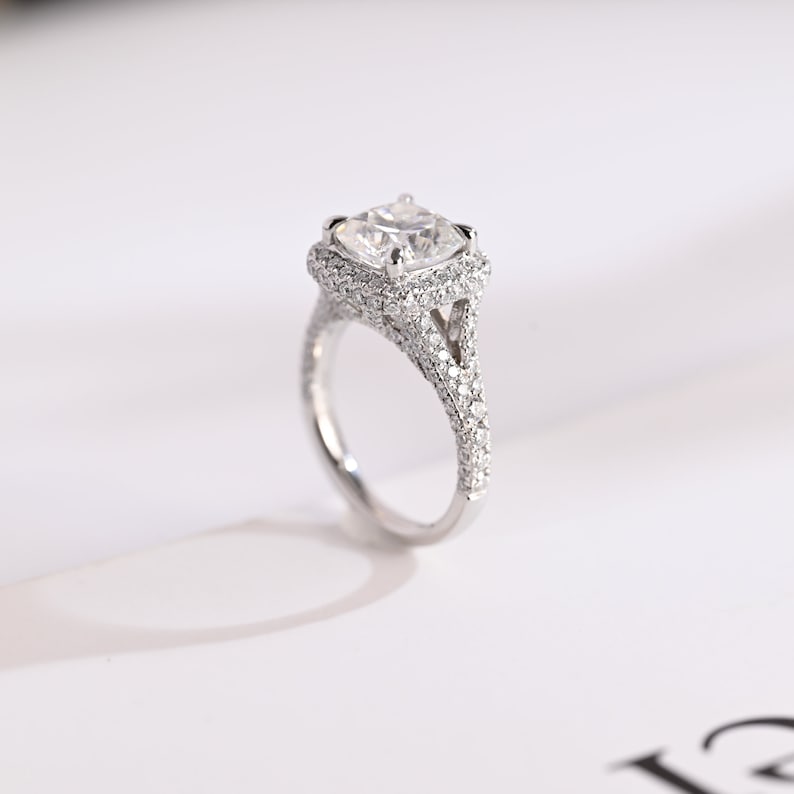 Stunning 1.0 - 2.0 CT Cushion Moissanite Engagement Ring With Pave & Halo Design 5