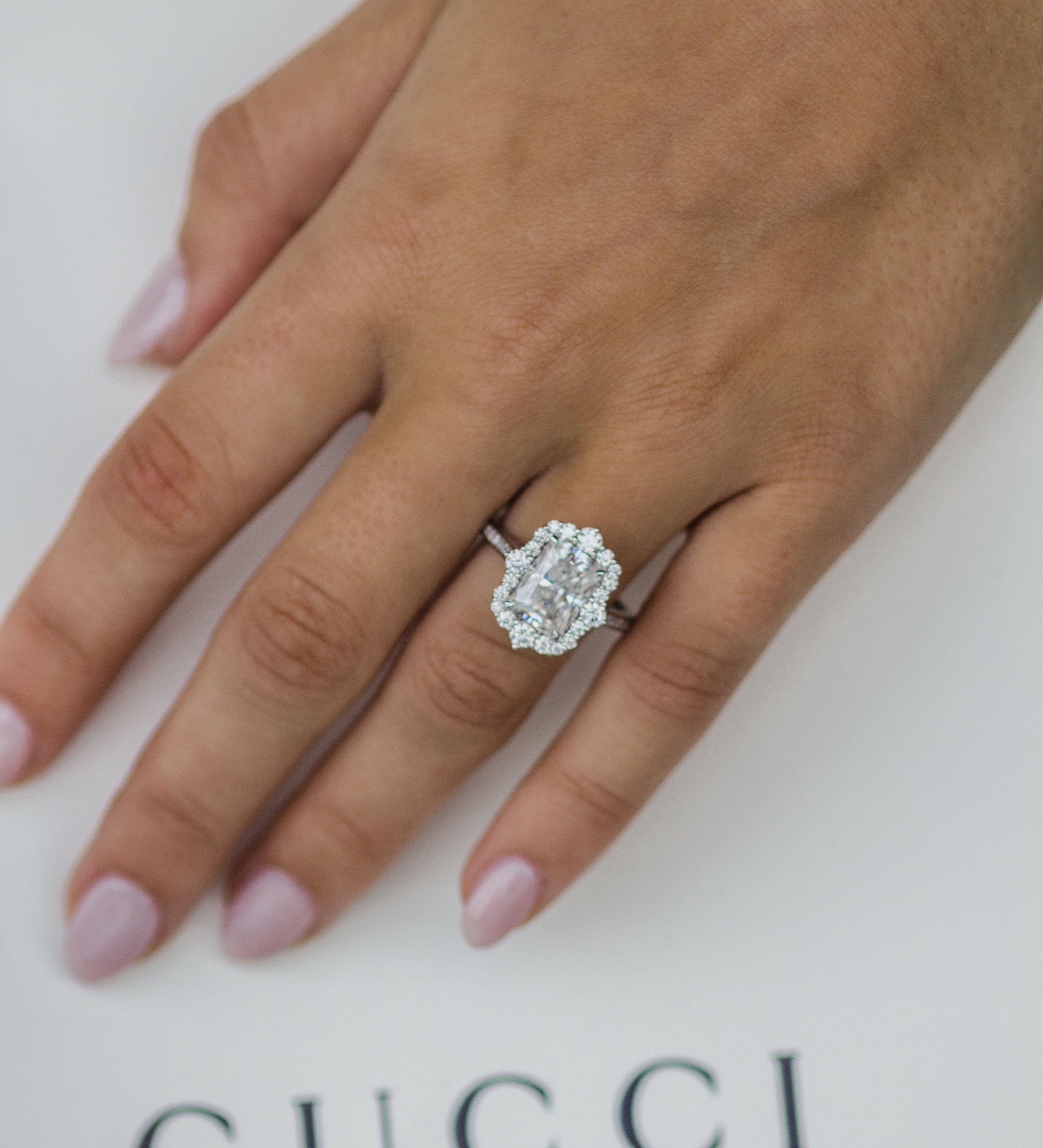 3.40 CT Radiant Cluster Halo Moissanite Engagement Ring 1