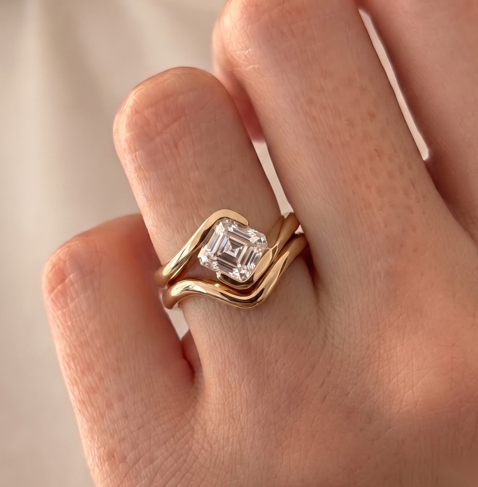 1.5 CT Asscher Lab Grown Diamond Bridal Set – Curved Shank with Plain Stacking Band