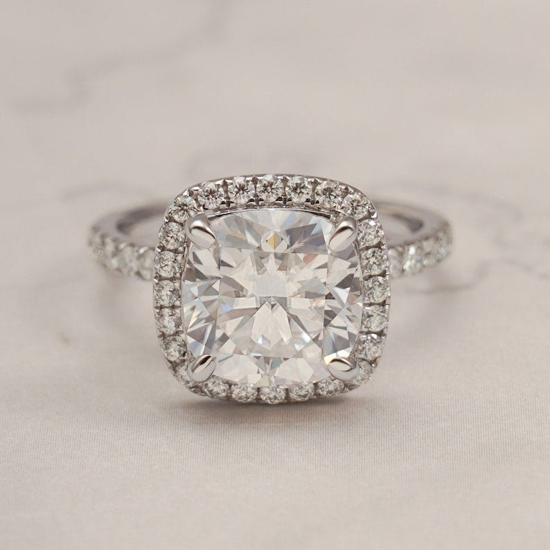Stunning 1.0 - 2.0 CT Cushion Moissanite Engagement Ring with Pave & Halo Design 1