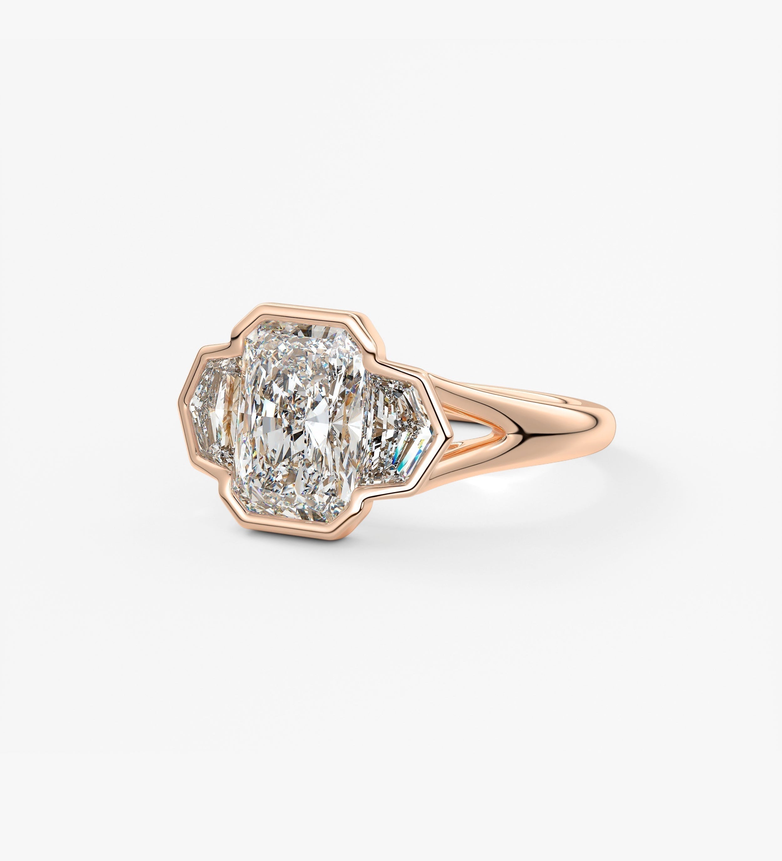 Radiant Three Stone/Bezel Lab Grown Diamond Engagement Ring