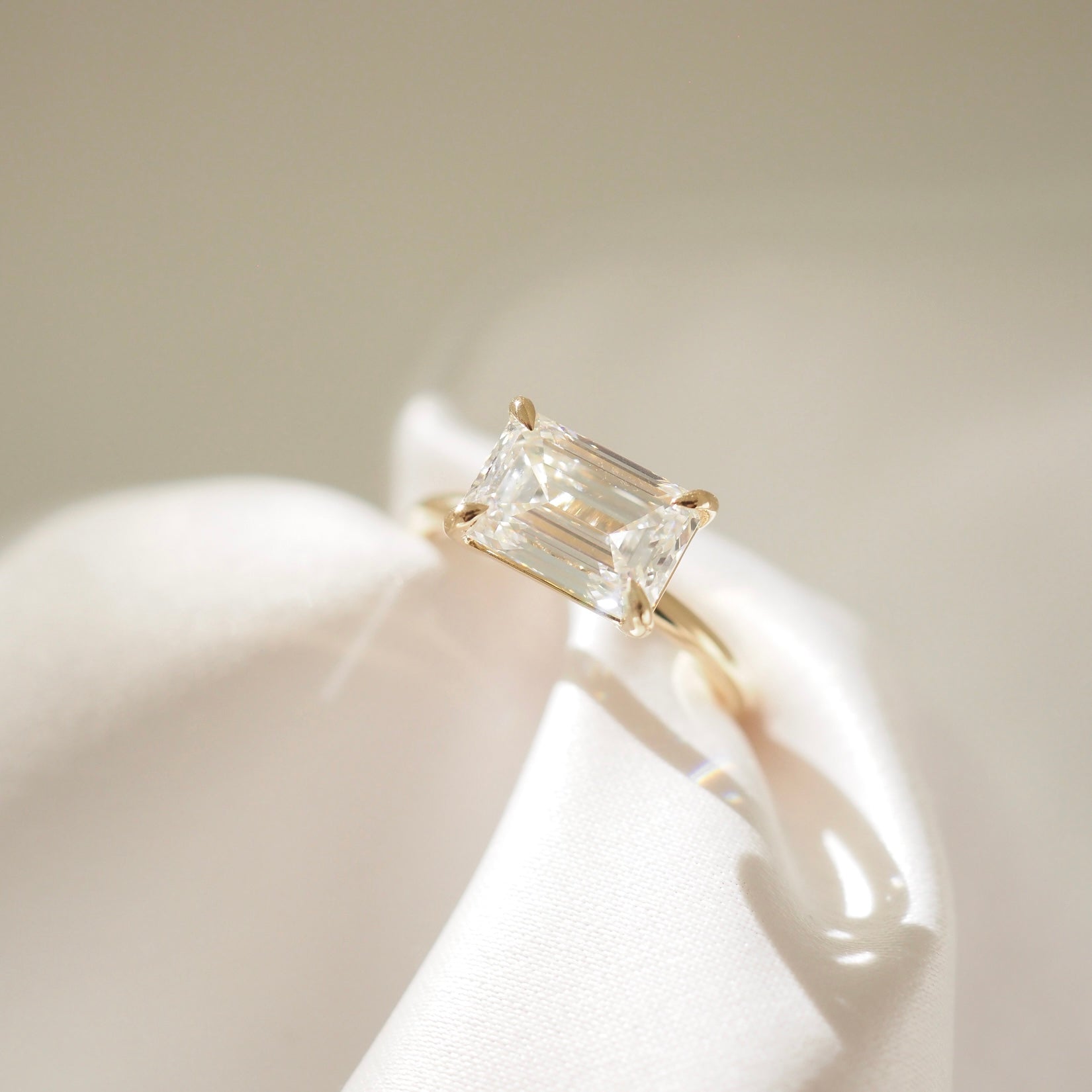1 CT East West Emerald Solitaire Moissanite Engagement Ring