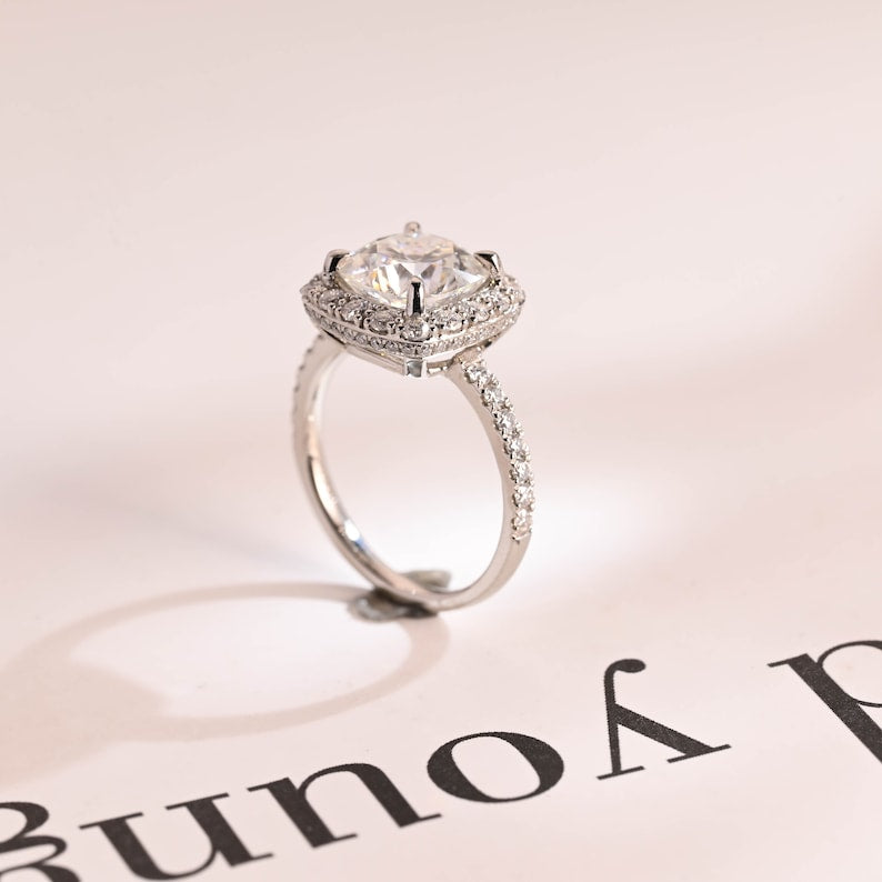 Stunning 1.0 - 2.0 CT Cushion Moissanite Engagement Ring With Pave & Halo Design 5