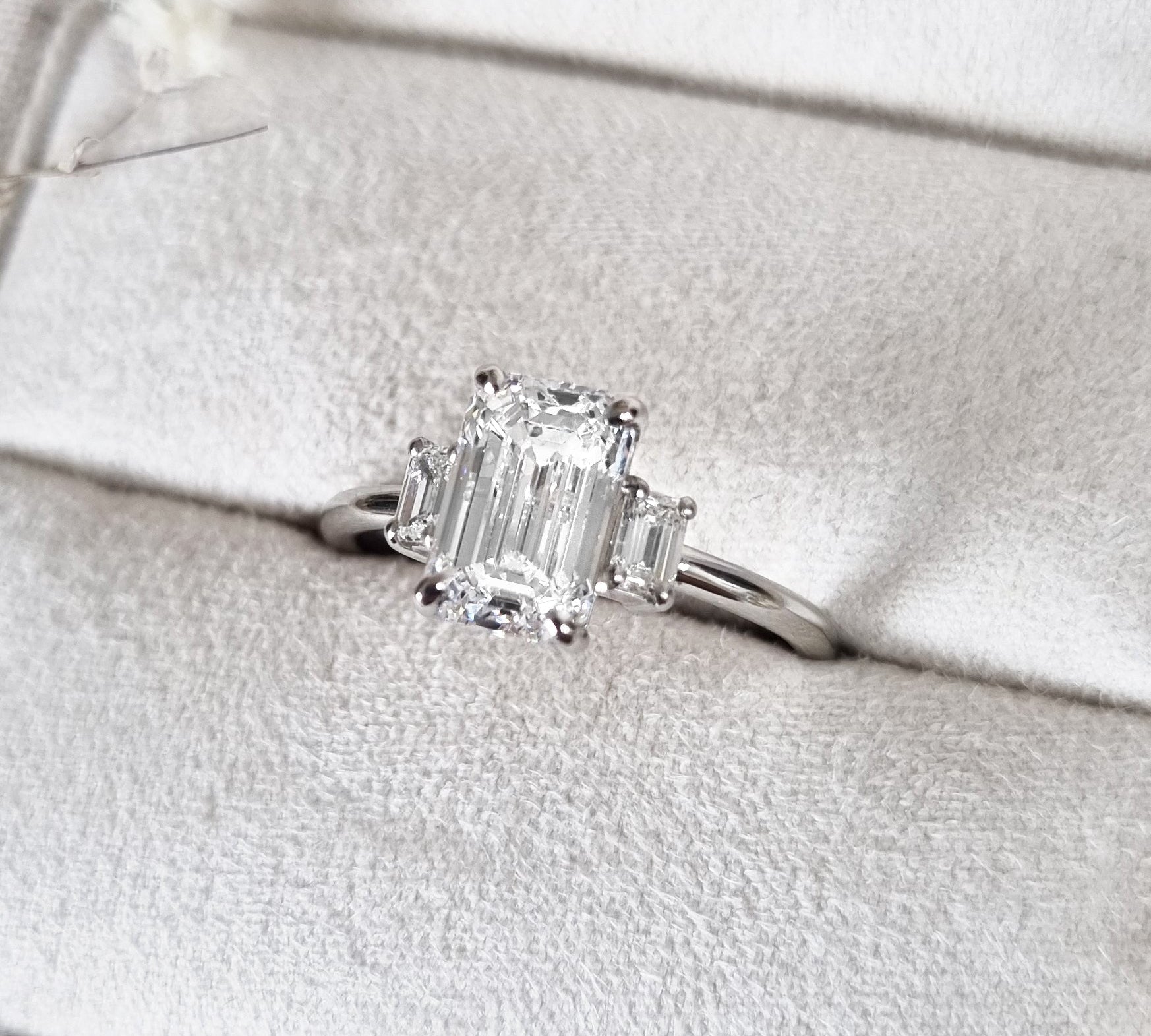 2.29 CT Emerald Three Stone  Lab Grown Diamond Engagement Ring