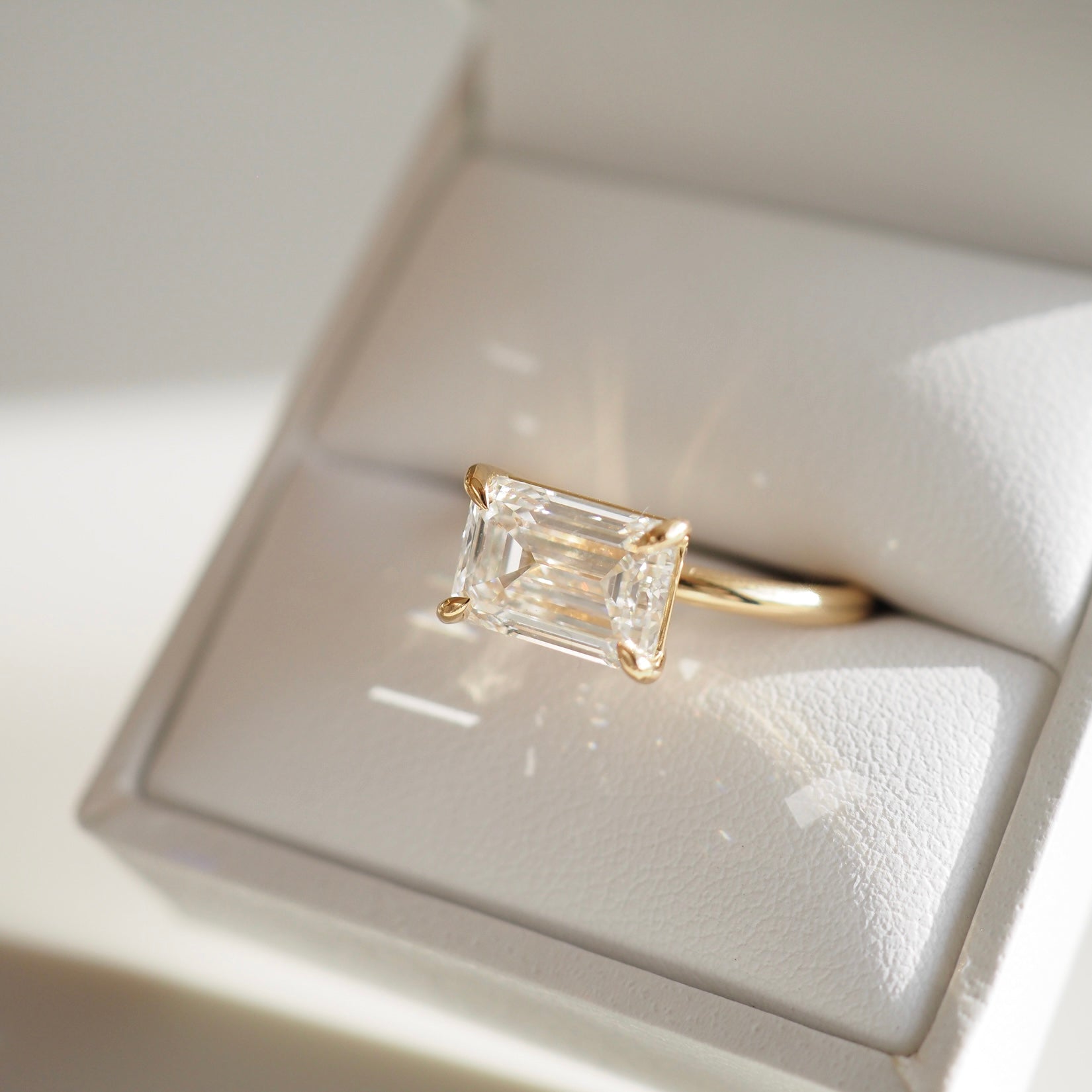 1 CT East West Emerald Solitaire Moissanite Engagement Ring