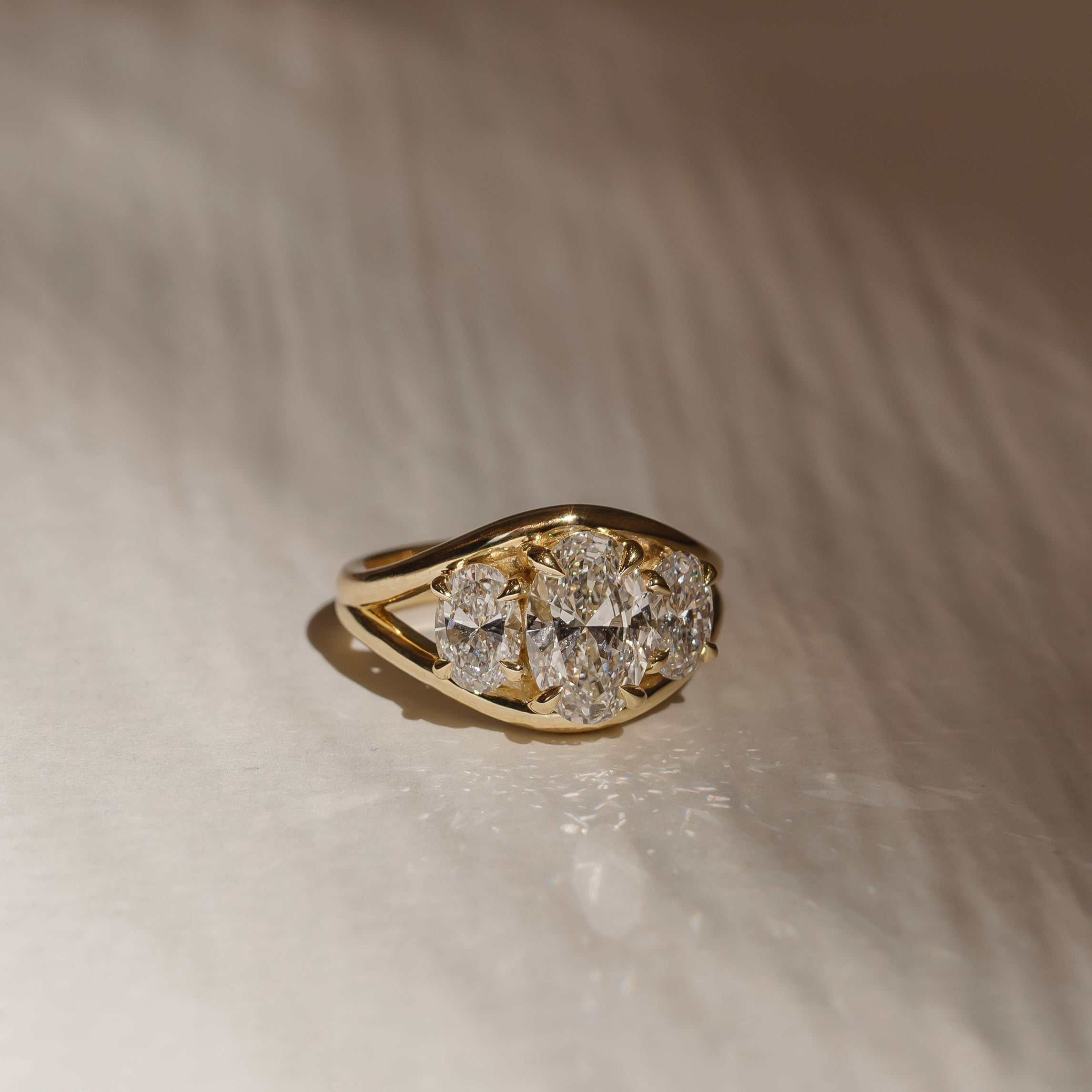 2.5 CT Oval Three Stone Split Shank Lab Grown Diamond Engagement Ring