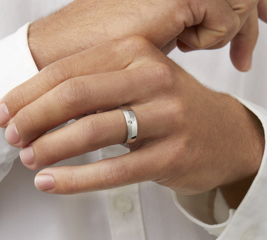 0.08 CT Cushion Moissanite Two Stone Men's Wedding Band in Solid Gold 1