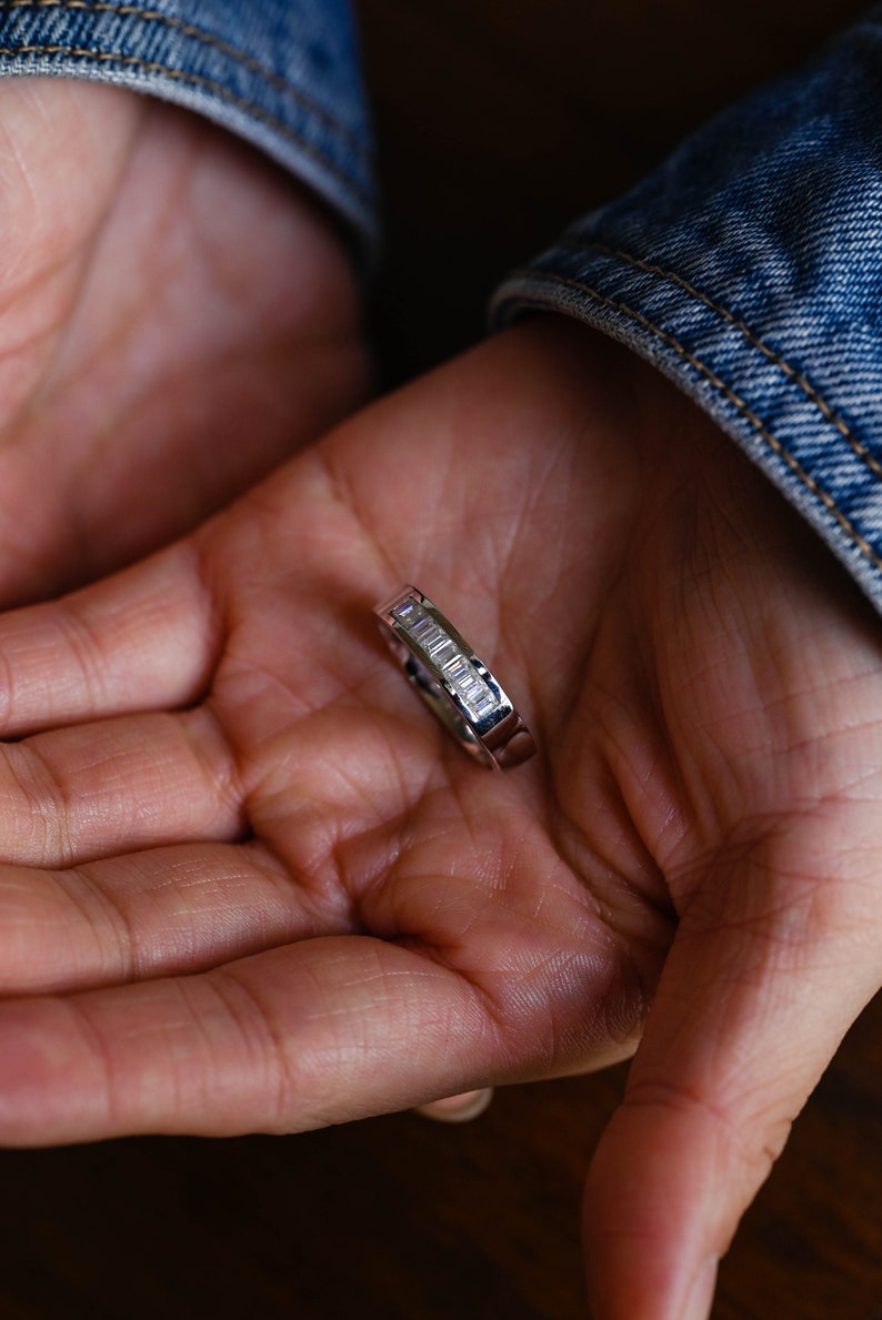 Delicate Moissanite Band with 0.20 TCW Emerald Cut Stones in Solid Gold 5