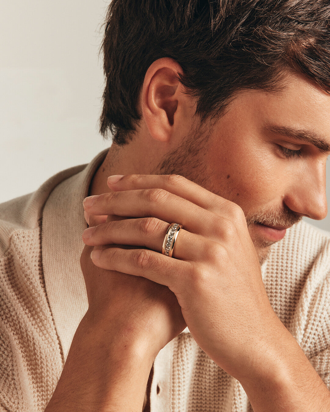 1.0  TCW Round Moissanite Half Eternity Men's Wedding Band in Solid Gold 1