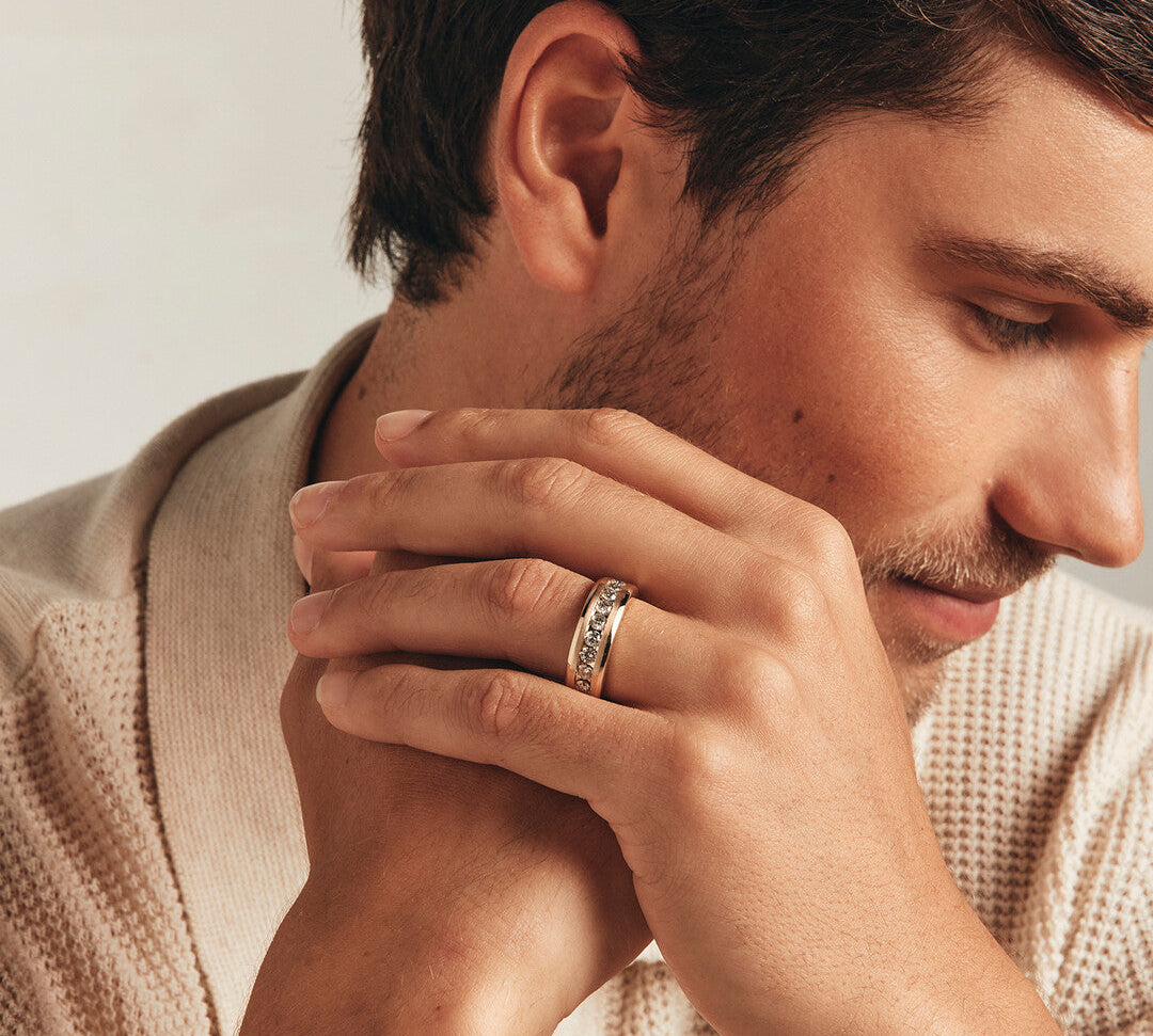 1.0  TCW Round Moissanite Half Eternity Men's Wedding Band in Solid Gold 1