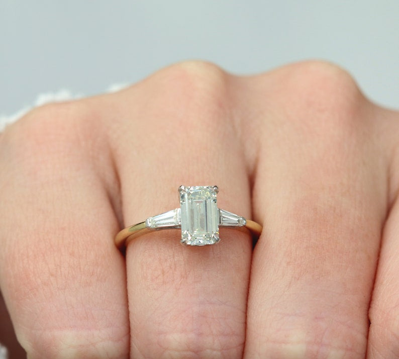 1.70 CT Emerald Three Stone Lab Grown Diamond Engagement Ring