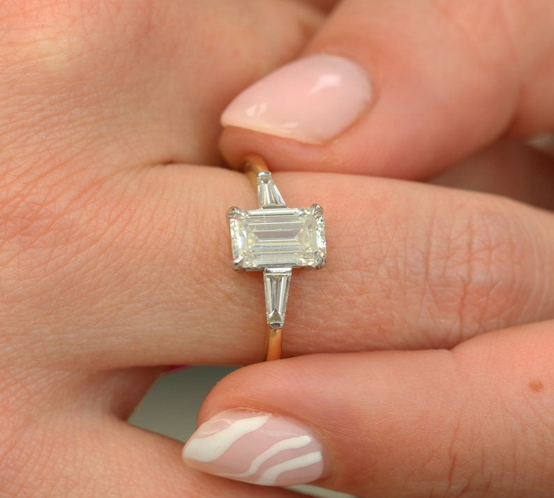 1.70 CT Emerald Three Stone Lab Grown Diamond Engagement Ring