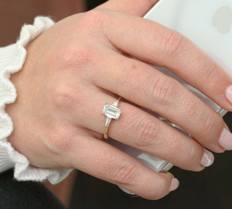 1.70 CT Emerald Three Stone Lab Grown Diamond Engagement Ring