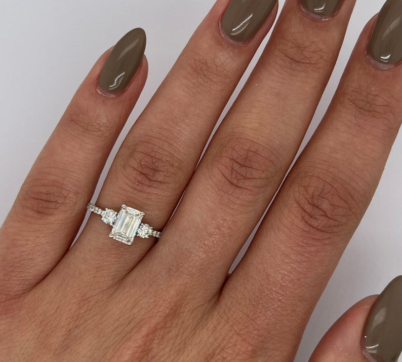 1.0 CT Emerald Three Stone Lab Grown Diamond Engagement Ring