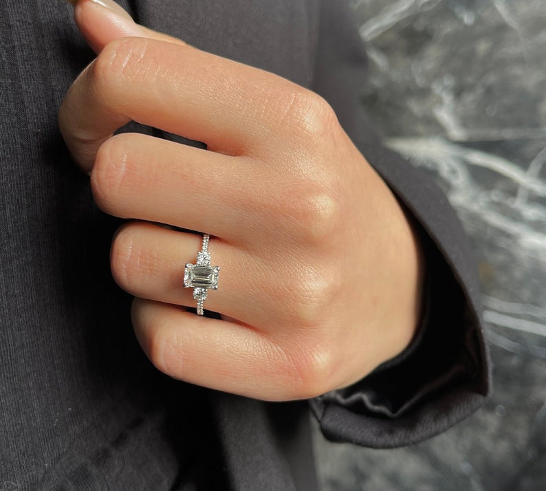 1.0 CT Emerald Three Stone Lab Grown Diamond Engagement Ring