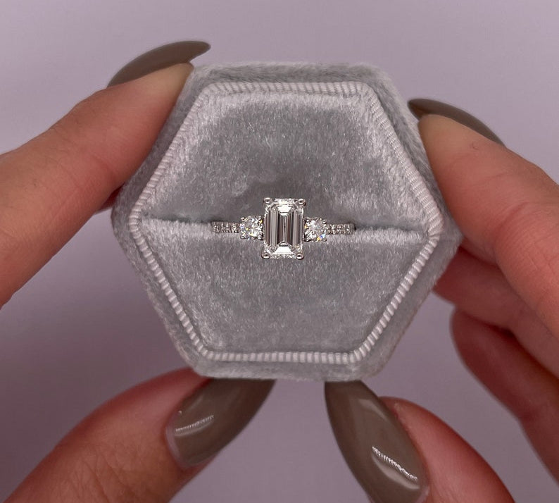 1.0 CT Emerald Three Stone Lab Grown Diamond Engagement Ring