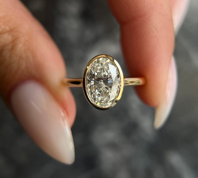 Oval Bezel Solitaire Lab Grown Diamond Engagement Ring