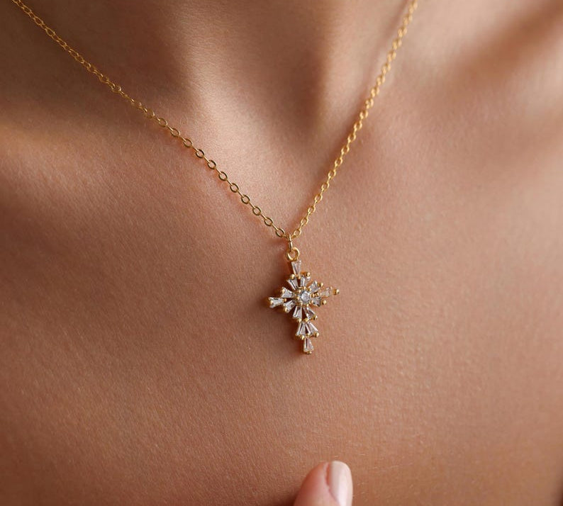 0.4 TCW Round & Bageutte Cut Cross Moissanite Necklace