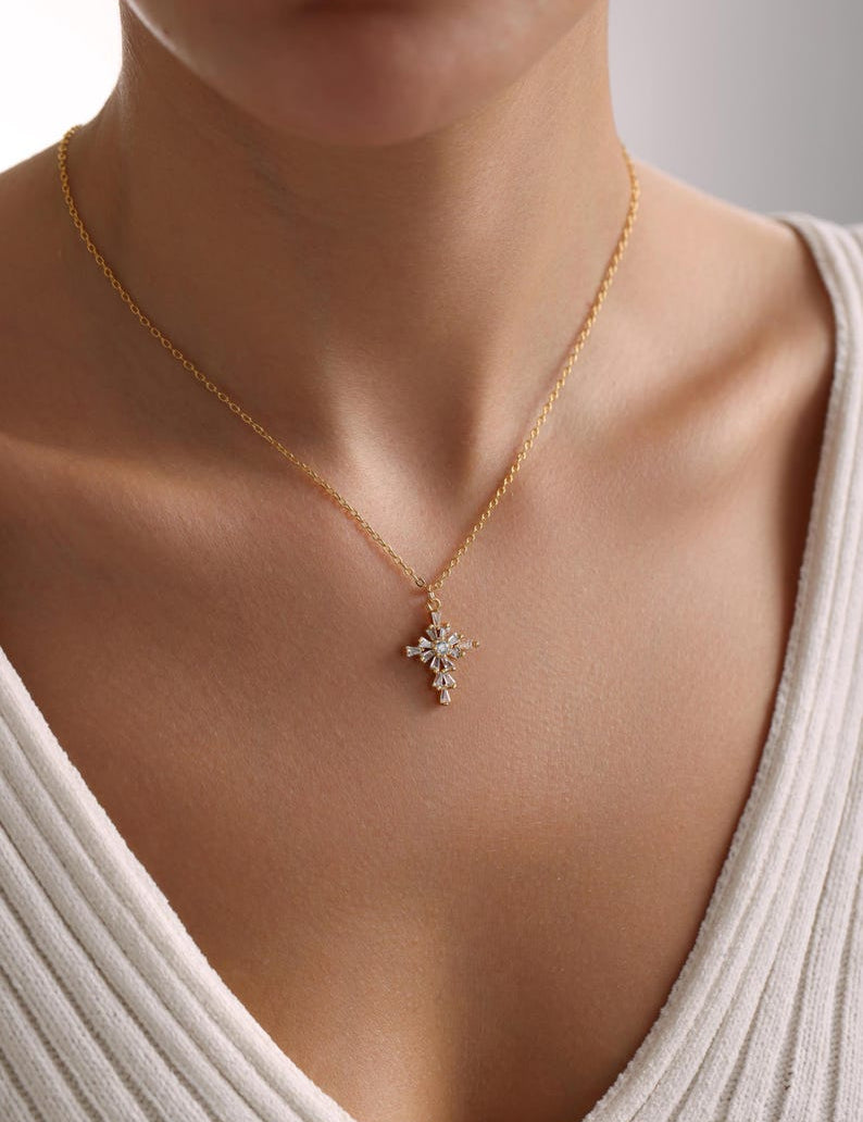 0.4 TCW Round & Bageutte Cut Cross Moissanite Necklace
