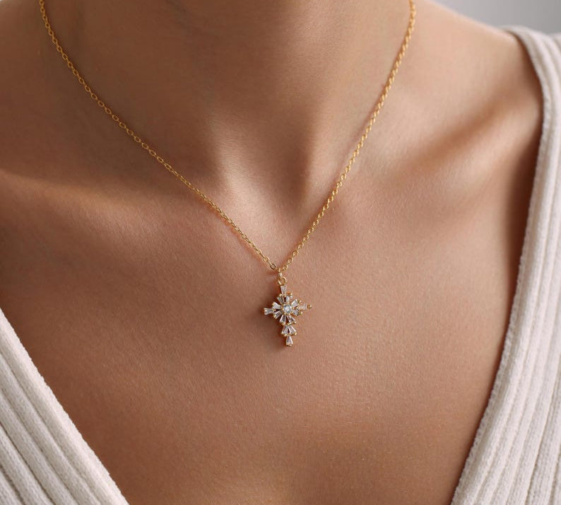 0.4 TCW Round & Bageutte Cut Cross Moissanite Necklace