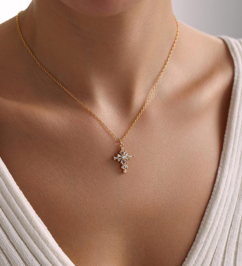 0.4 TCW Round & Bageutte Cut Cross Moissanite Necklace