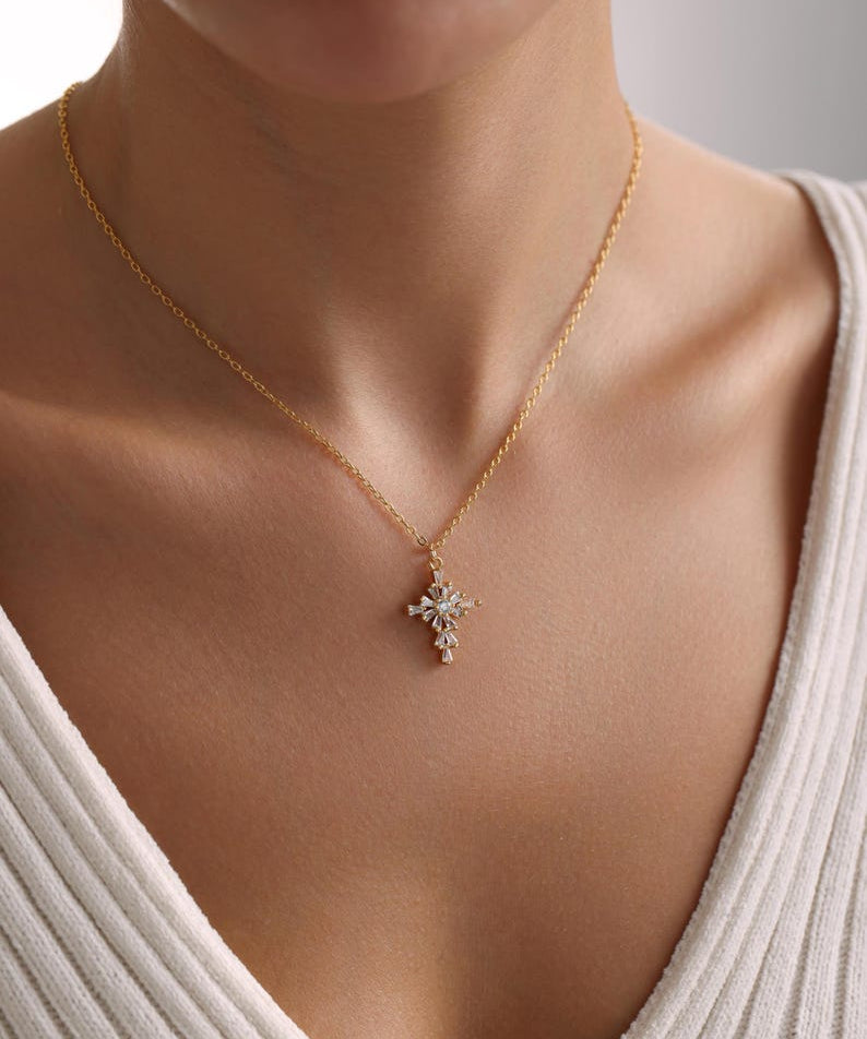 0.4 TCW Round & Bageutte Cut Cross Moissanite Necklace