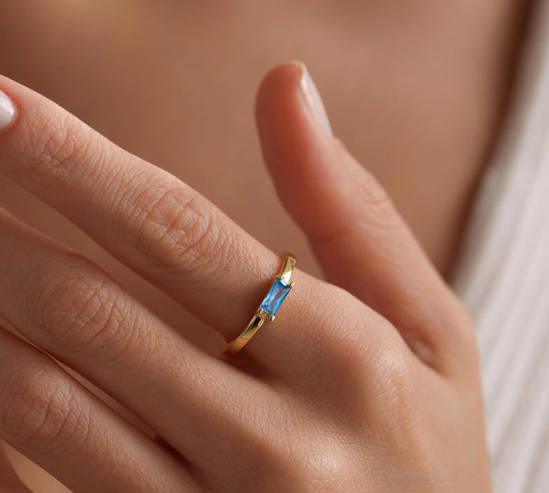 0.5 CT Baguette Solitaire Blue Topaz Gemstone Engagement Ring