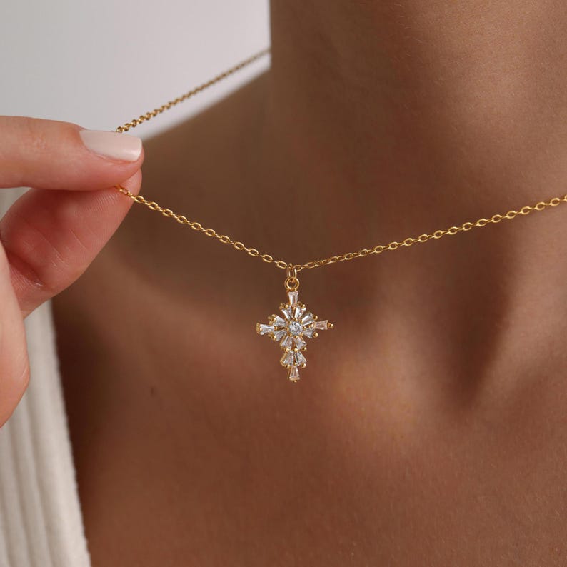 0.4 TCW Round & Bageutte Cut Cross Moissanite Necklace