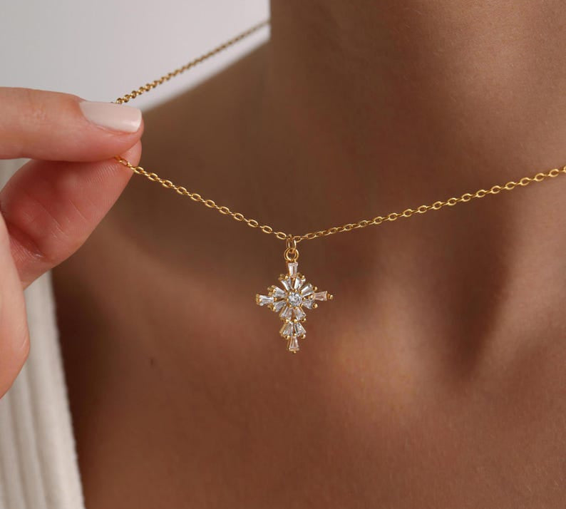 0.4 TCW Round & Bageutte Cut Cross Moissanite Necklace