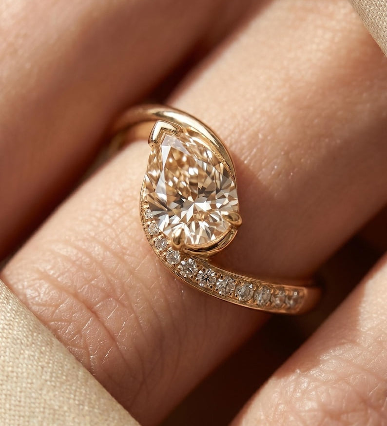 1.0 CT Pear Swirl Pave Lab Grown Champagne Diamond Engagement Ring