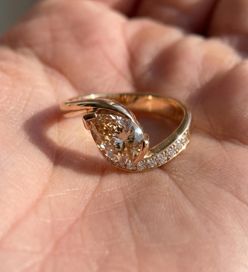 1.0 CT Pear Swirl Pave Lab Grown Champagne Diamond Engagement Ring
