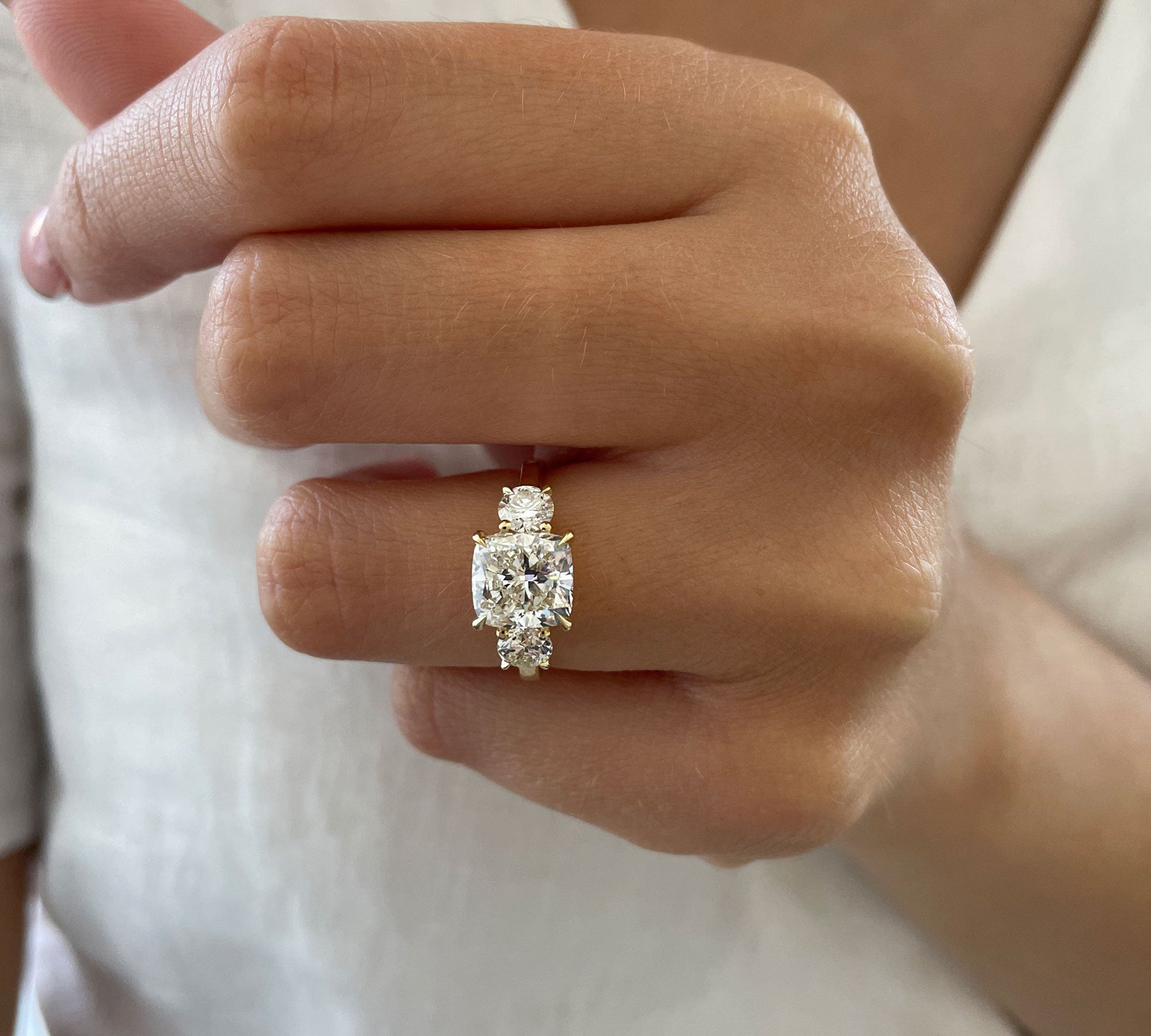 2.6 CT Cushion Three Stone Lab Grown Diamond Engagement Ring