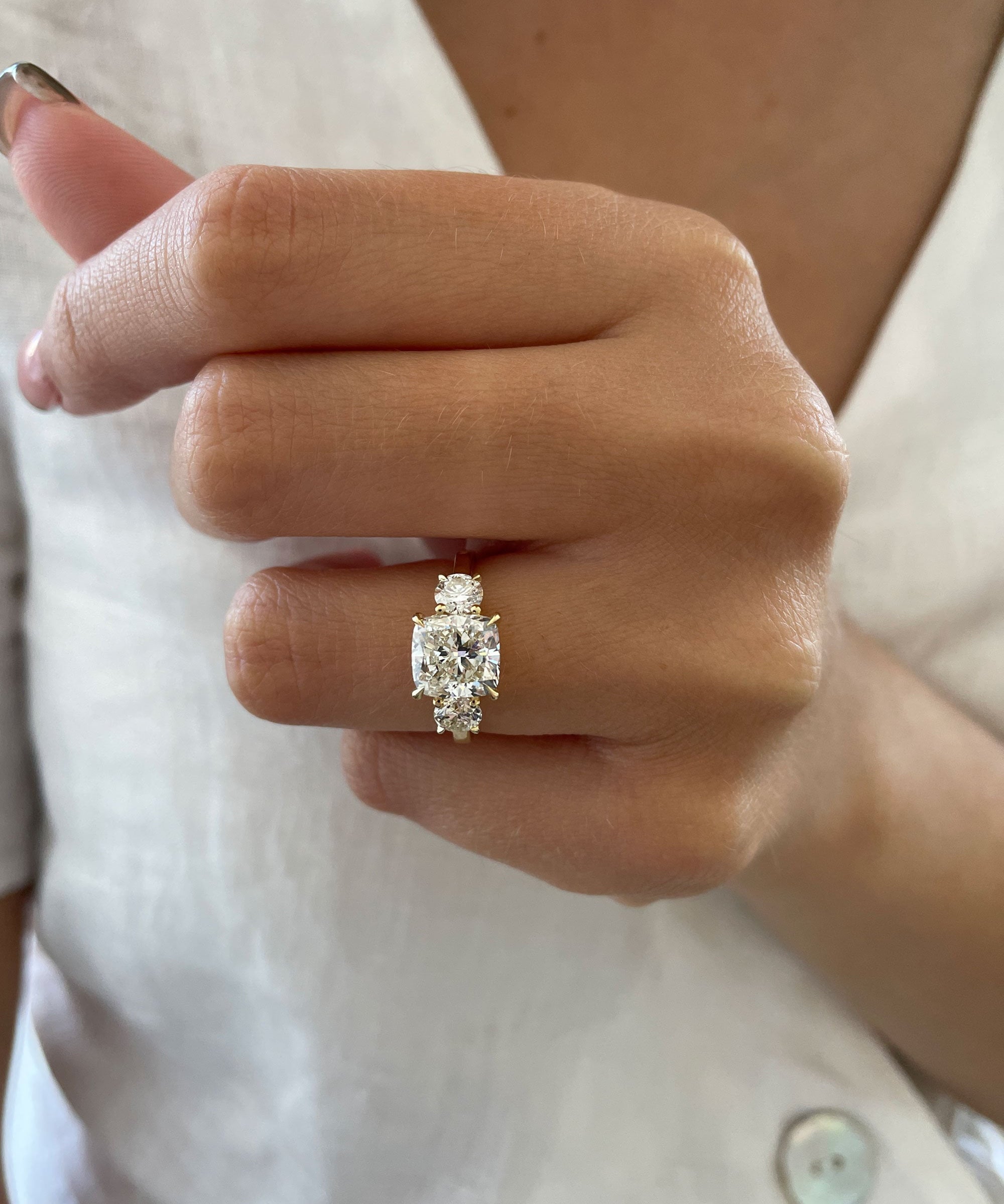 2.6 CT Cushion Three Stone Lab Grown Diamond Engagement Ring