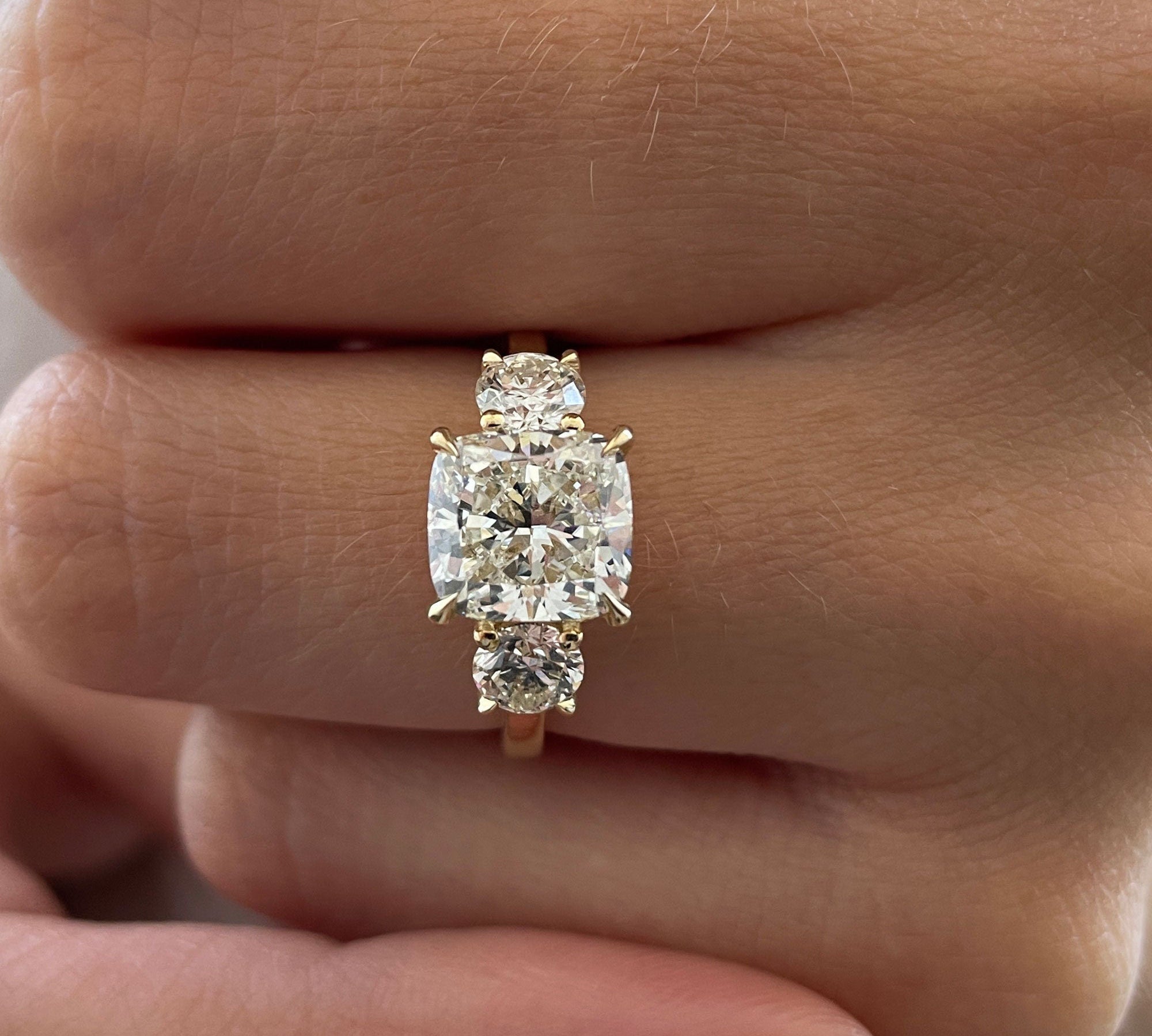 2.6 CT Cushion Three Stone Lab Grown Diamond Engagement Ring