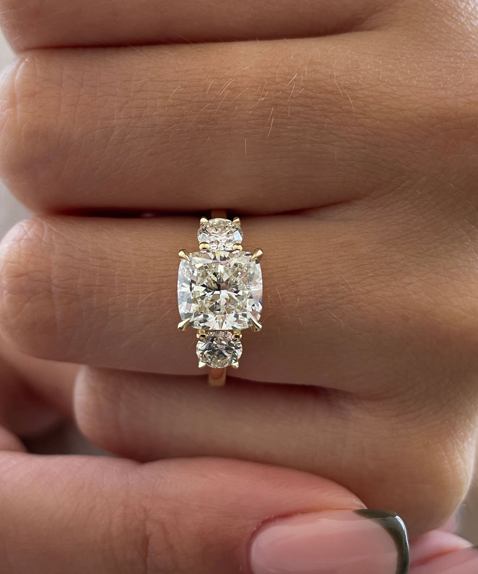 2.6 CT Cushion Three Stone Lab Grown Diamond Engagement Ring