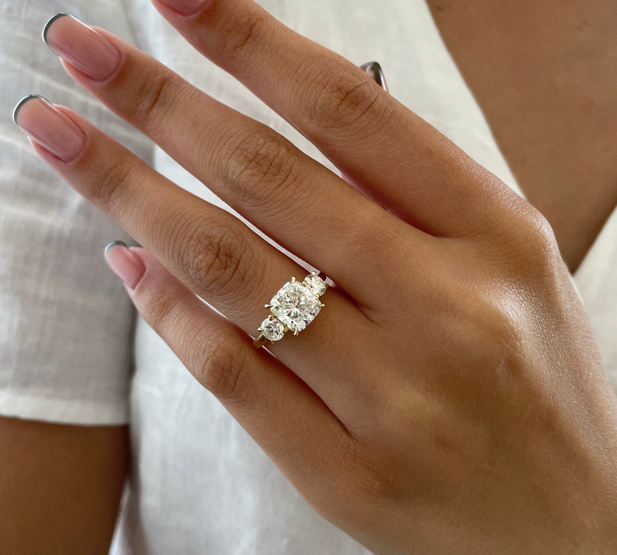 2.6 CT Cushion Three Stone Lab Grown Diamond Engagement Ring