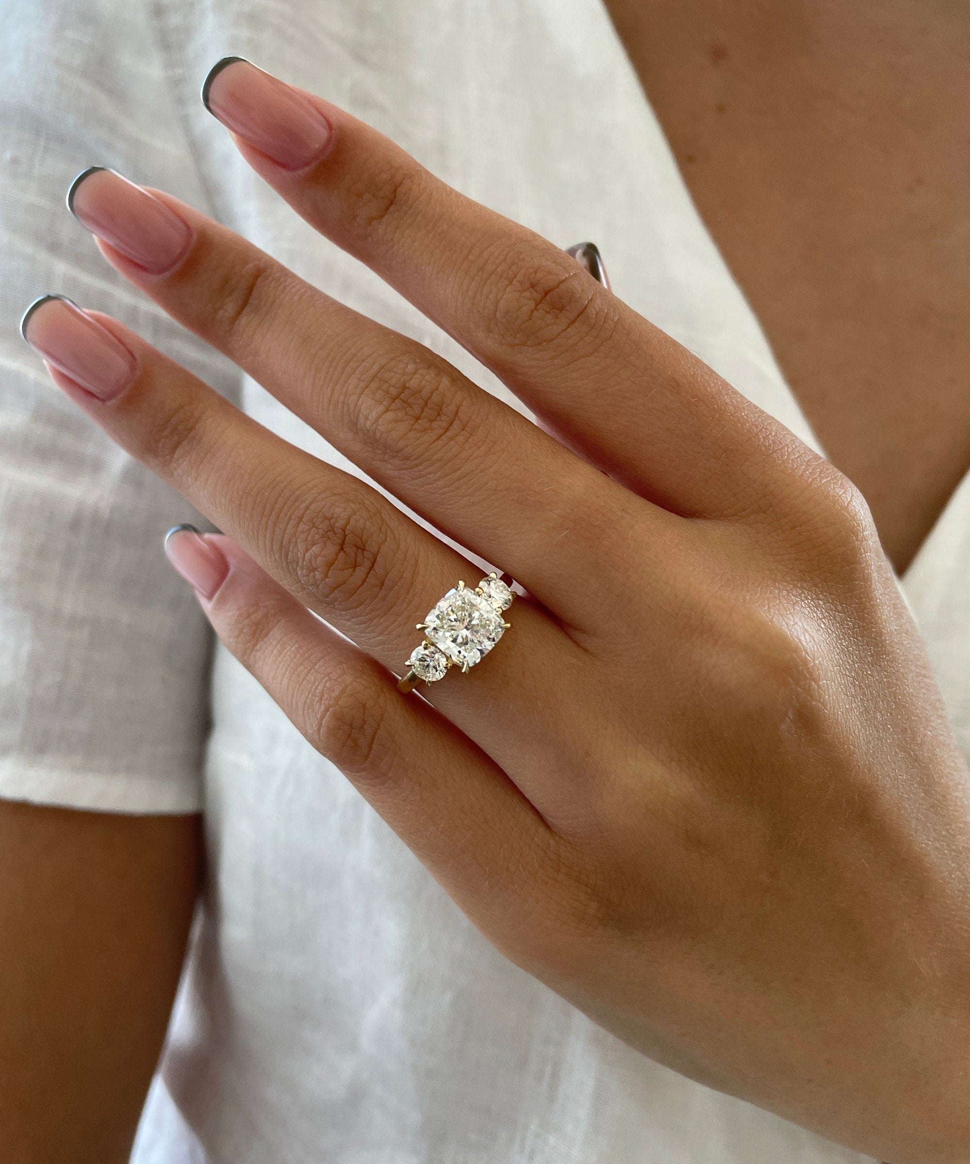 2.6 CT Cushion Three Stone Lab Grown Diamond Engagement Ring