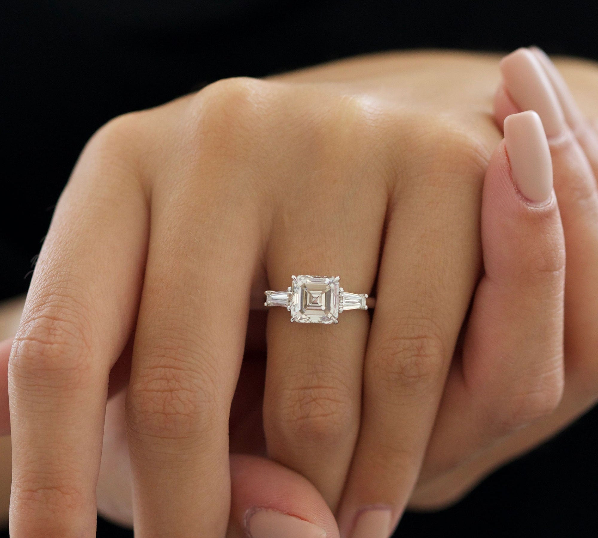 3.01 CT Asscher Three Stone CVD D/VVS2 Diamond Engagement Ring 3